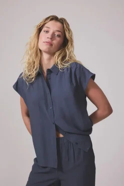 Dames blouse korte mouw blauw