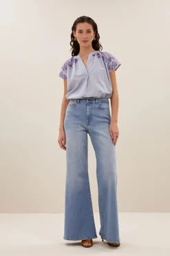 Dames blouse korte mouw blauw