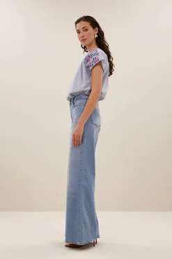 Dames blouse korte mouw blauw